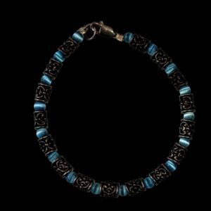 Beaded Bracelet Silver Tone Cylinder Beads with Blue Glass Spacers Stackable 6"